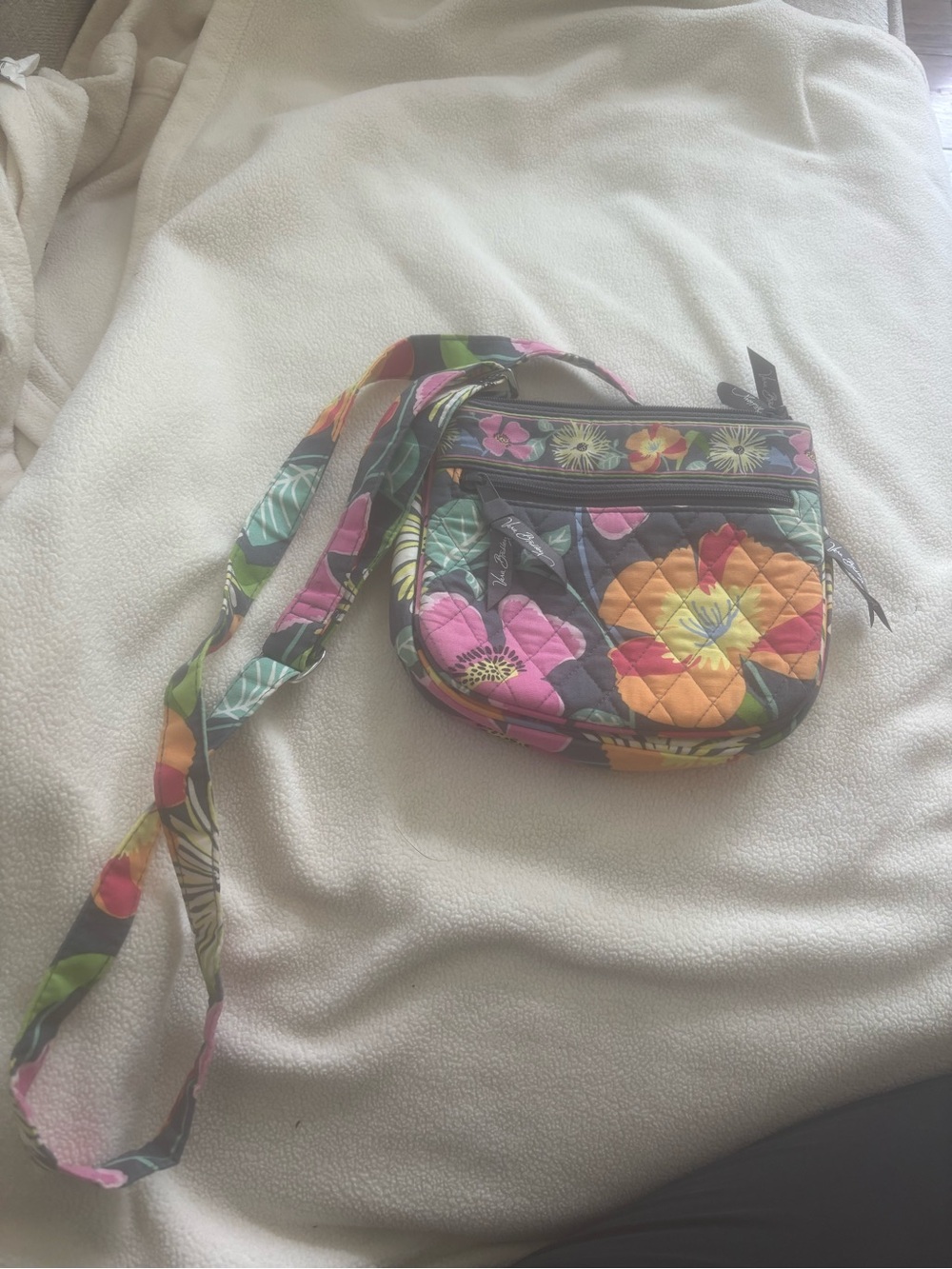 Vera Bradley Quilted Floral Crossbody in Black with Pink, Orange & Green Accents